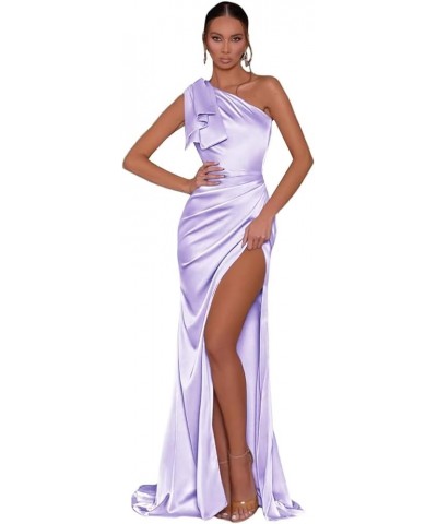 One Shoulder Satin Prom Dresses Long with Slit Mermaid Bridesmaid Dresses for Women 2024 Formal Evening Gown MR21 Lilac $23.4...