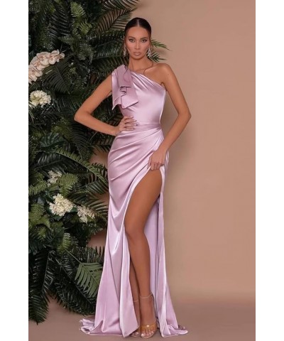 One Shoulder Satin Prom Dresses Long with Slit Mermaid Bridesmaid Dresses for Women 2024 Formal Evening Gown MR21 Lilac $23.4...