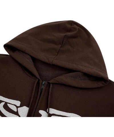 Women Zip Up Oversized Hoodie Sweatshirt Drawstring Long Sleeve Coat Punk E-Girl Streetwear Jacket with Pockets G-brown $14.7...