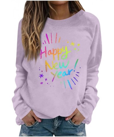 New Year T-shirt Women 2024 Letter Printed Long Sleeve Plus Size Crewneck Sweatshirts Loose Fit S-3XL 01-light Purple $9.24 H...