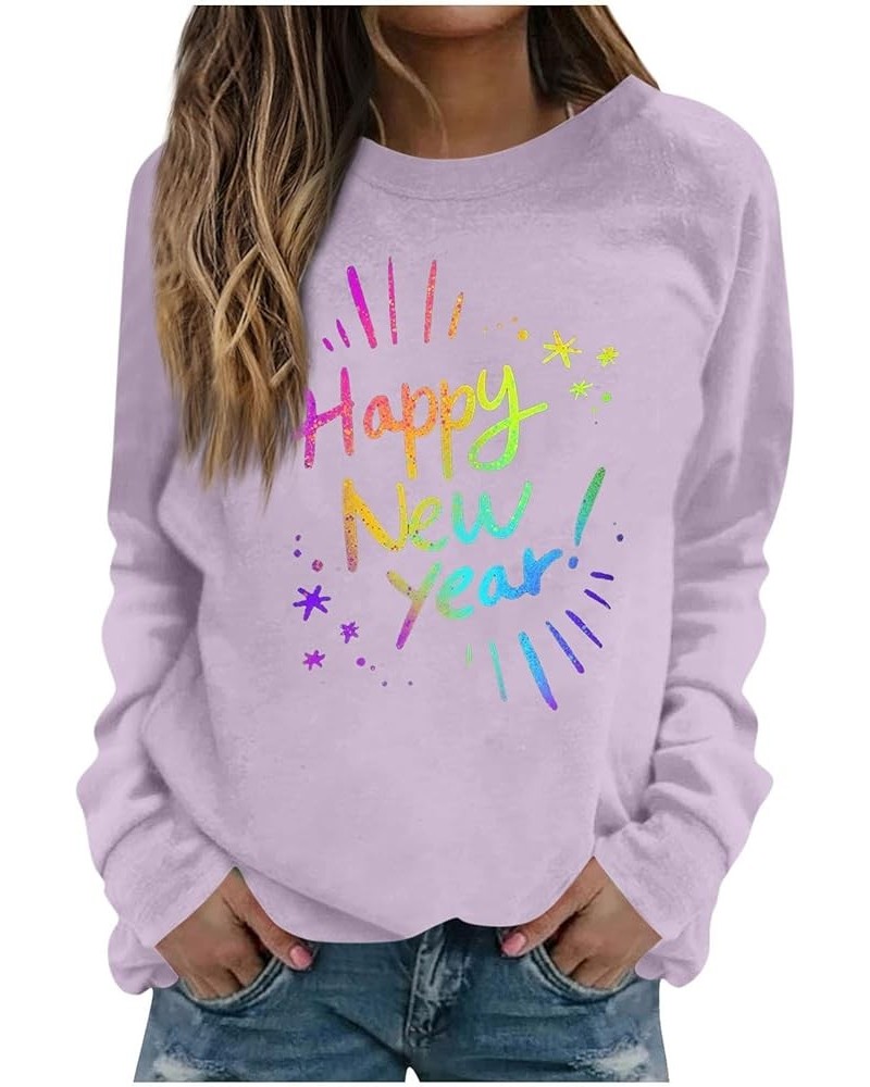 New Year T-shirt Women 2024 Letter Printed Long Sleeve Plus Size Crewneck Sweatshirts Loose Fit S-3XL 01-light Purple $9.24 H...