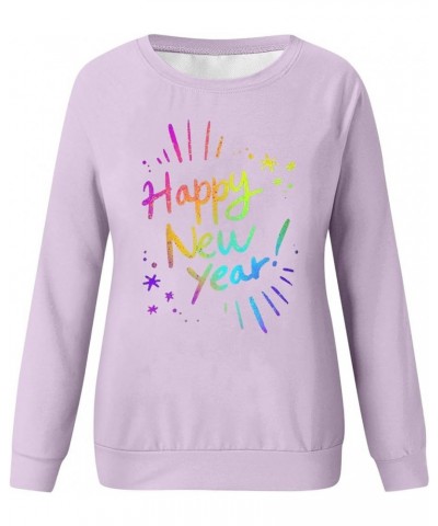 New Year T-shirt Women 2024 Letter Printed Long Sleeve Plus Size Crewneck Sweatshirts Loose Fit S-3XL 01-light Purple $9.24 H...