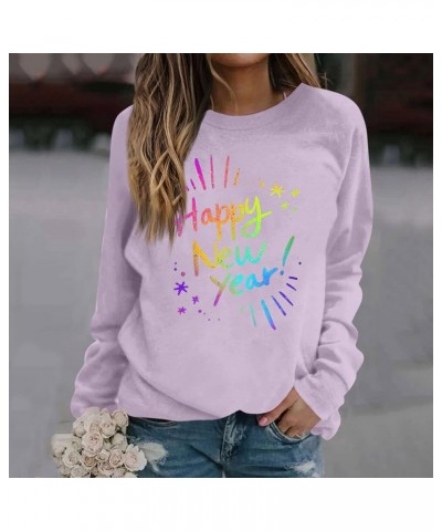 New Year T-shirt Women 2024 Letter Printed Long Sleeve Plus Size Crewneck Sweatshirts Loose Fit S-3XL 01-light Purple $9.24 H...