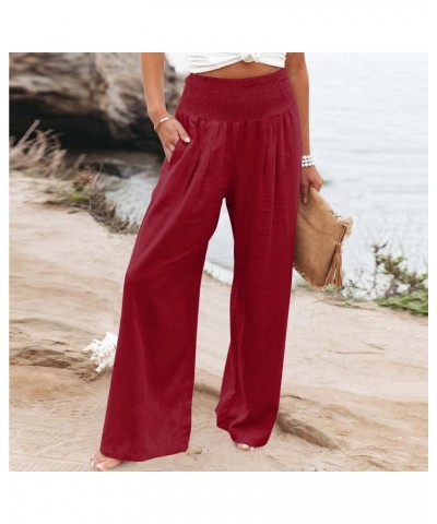 Linen Pants Women Wide Leg Pants High Waist Palazzo Lounge Pant 2024 Summer Beach Boho Casual Trousers with Pockets A1-wine~v...