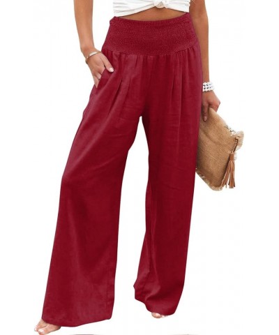 Linen Pants Women Wide Leg Pants High Waist Palazzo Lounge Pant 2024 Summer Beach Boho Casual Trousers with Pockets A1-wine~v...