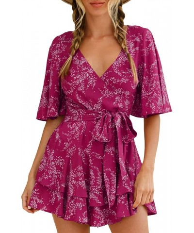 Womens Summer Short Flared Sleeve Romper V Neck Floral Print Jumpsuit Waist Tie Layer Ruffle Hem Dress Look Rompers Hot Pink ...