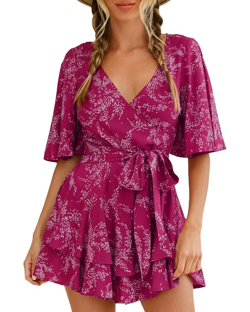 Womens Summer Short Flared Sleeve Romper V Neck Floral Print Jumpsuit Waist Tie Layer Ruffle Hem Dress Look Rompers Hot Pink ...