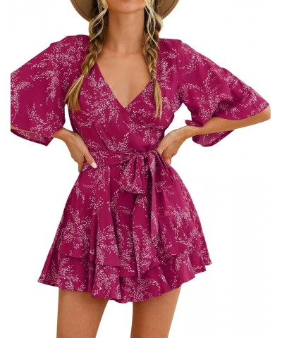 Womens Summer Short Flared Sleeve Romper V Neck Floral Print Jumpsuit Waist Tie Layer Ruffle Hem Dress Look Rompers Hot Pink ...