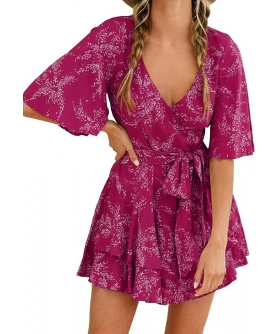 Womens Summer Short Flared Sleeve Romper V Neck Floral Print Jumpsuit Waist Tie Layer Ruffle Hem Dress Look Rompers Hot Pink ...