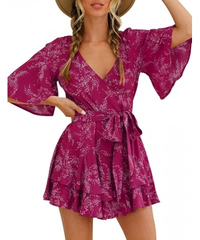 Womens Summer Short Flared Sleeve Romper V Neck Floral Print Jumpsuit Waist Tie Layer Ruffle Hem Dress Look Rompers Hot Pink ...