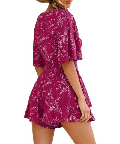 Womens Summer Short Flared Sleeve Romper V Neck Floral Print Jumpsuit Waist Tie Layer Ruffle Hem Dress Look Rompers Hot Pink ...