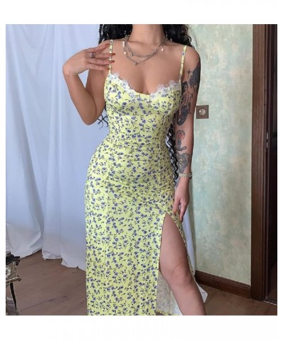 Women Y2K Floral Print Long Dresses Spaghetti Strap Bodycon Maxi Dresses Low Cut Backless Dress Trendy Streetwear Av-yellow $...