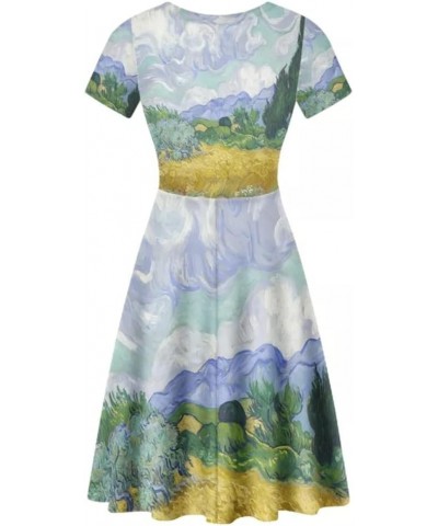 Women's Summer Casual Van Gogh 3D Print Short Sleeve T-Shirt Swing Dress Wheatfield With Cypresses $11.20 Dresses