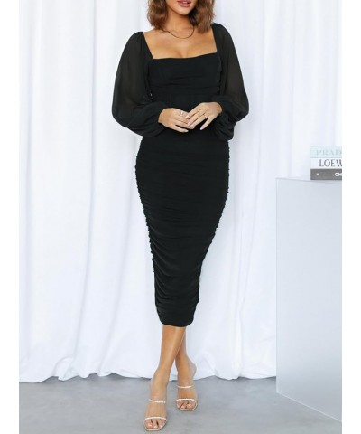 Women Sexy Long Sleeve Square Neck Mesh Ruched Bodycon Cocktail Formal Party Midi Dress Black $17.60 Dresses