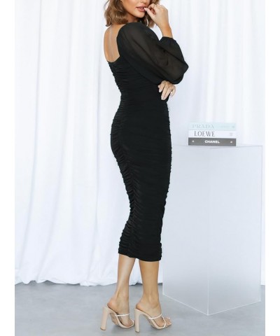 Women Sexy Long Sleeve Square Neck Mesh Ruched Bodycon Cocktail Formal Party Midi Dress Black $17.60 Dresses