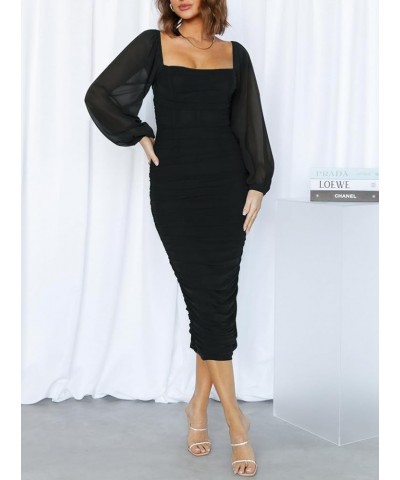 Women Sexy Long Sleeve Square Neck Mesh Ruched Bodycon Cocktail Formal Party Midi Dress Black $17.60 Dresses