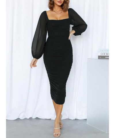 Women Sexy Long Sleeve Square Neck Mesh Ruched Bodycon Cocktail Formal Party Midi Dress Black $17.60 Dresses