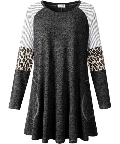 Swing Tunic Top for Women Plus Size Leopard Long Sleeve Shirt with Pocket C-black Heather $14.49 Tops