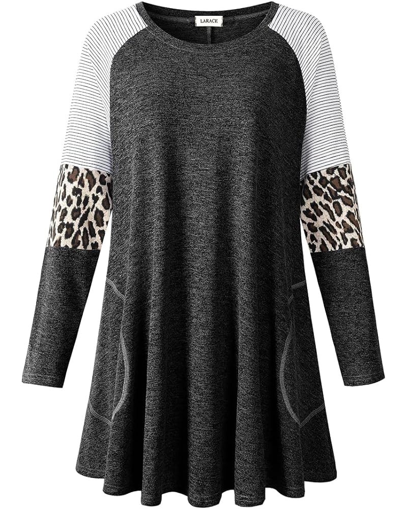 Swing Tunic Top for Women Plus Size Leopard Long Sleeve Shirt with Pocket C-black Heather $14.49 Tops