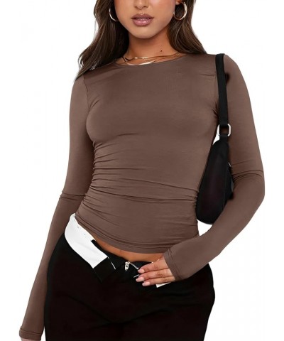 Crop Tops for Women Y2k Casual Y2k Long Sleeve Crop Top Sexy Basic Solid Skinny Crewneck Slim Fit Fitted Tight Tees 01-brown ...