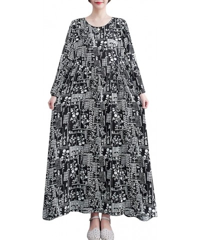 Floral Boho Pleated Swing Dress Long Sleeve Oversized Ruffle Maxi Dress Black $15.05 Dresses