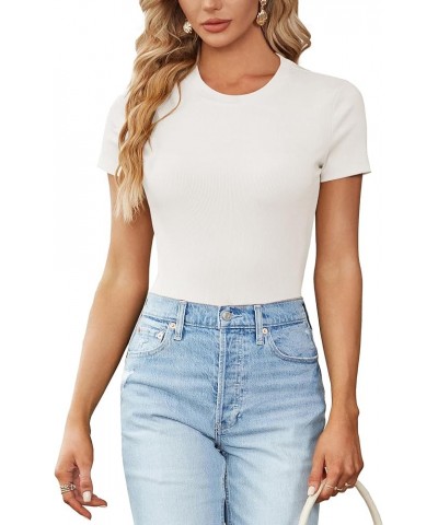 Women's Ribbed Knit Round Neck Short Sleeve Slim Fit Basic T-Shirt Tee Top White $14.99 T-Shirts