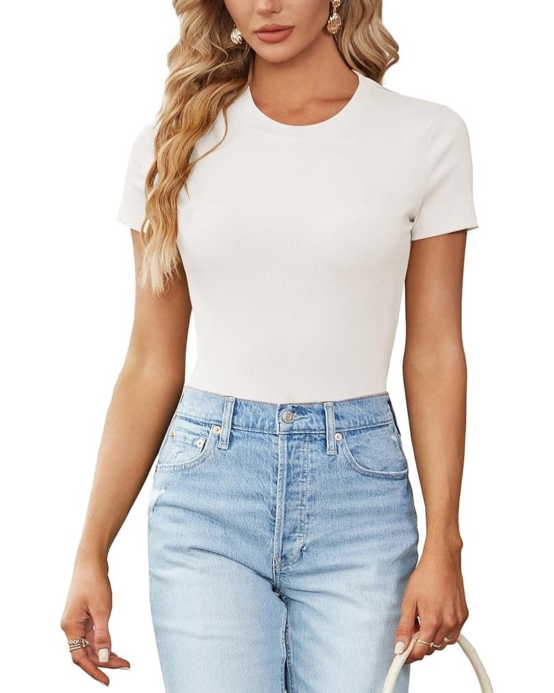 Women's Ribbed Knit Round Neck Short Sleeve Slim Fit Basic T-Shirt Tee Top White $14.99 T-Shirts