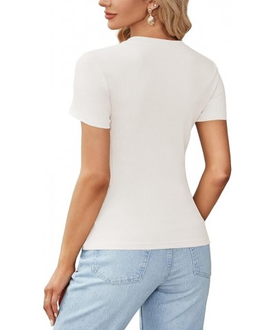 Women's Ribbed Knit Round Neck Short Sleeve Slim Fit Basic T-Shirt Tee Top White $14.99 T-Shirts