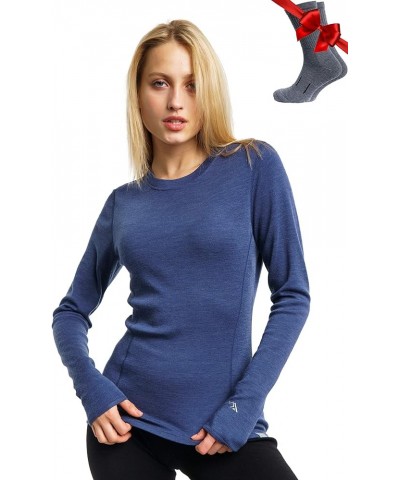 Merino Wool Base Layer Women 100% Merino Wool Midweight, Lightweight Long Sleeve Thermal Shirt + Wool Socks Windsor Blue 250 ...