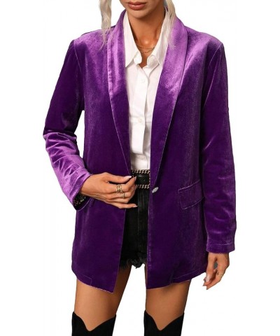 Velvet Blazer Jackets for Women Oversized Long Sleeve Open Front Lapel Casual Work Office Outfits Jacket with Pockets Purple ...