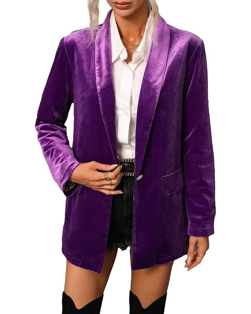 Velvet Blazer Jackets for Women Oversized Long Sleeve Open Front Lapel Casual Work Office Outfits Jacket with Pockets Purple ...