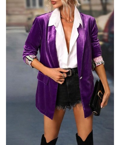 Velvet Blazer Jackets for Women Oversized Long Sleeve Open Front Lapel Casual Work Office Outfits Jacket with Pockets Purple ...