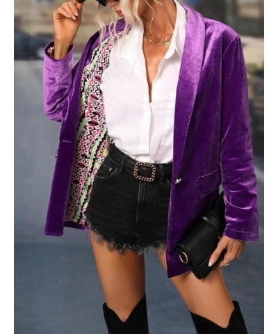 Velvet Blazer Jackets for Women Oversized Long Sleeve Open Front Lapel Casual Work Office Outfits Jacket with Pockets Purple ...