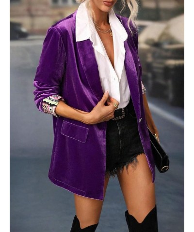 Velvet Blazer Jackets for Women Oversized Long Sleeve Open Front Lapel Casual Work Office Outfits Jacket with Pockets Purple ...