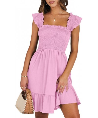 Womens Summer Casual Sleeveless Square Neck Smocked Ruffle Backless Boho Short Mini Dress Pink $15.64 Dresses
