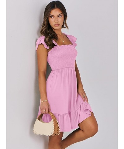 Womens Summer Casual Sleeveless Square Neck Smocked Ruffle Backless Boho Short Mini Dress Pink $15.64 Dresses