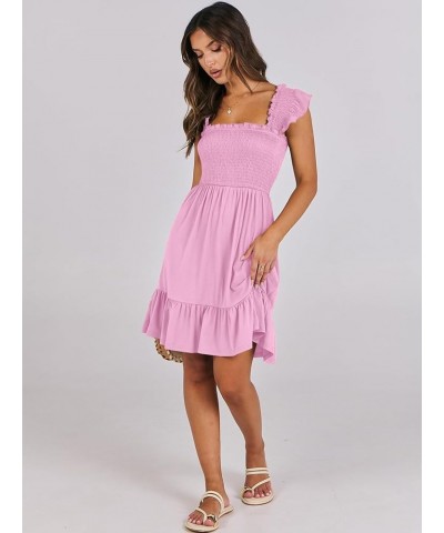 Womens Summer Casual Sleeveless Square Neck Smocked Ruffle Backless Boho Short Mini Dress Pink $15.64 Dresses