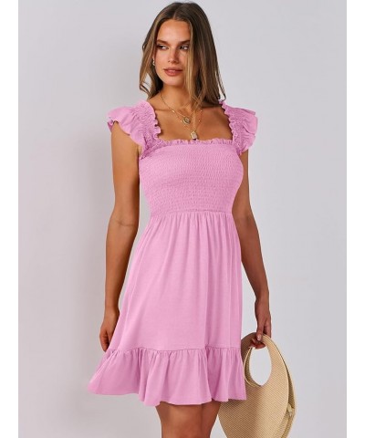 Womens Summer Casual Sleeveless Square Neck Smocked Ruffle Backless Boho Short Mini Dress Pink $15.64 Dresses