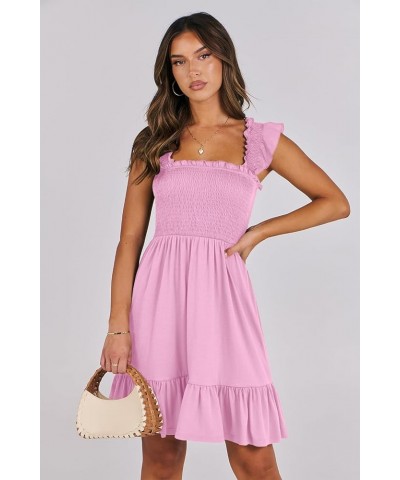 Womens Summer Casual Sleeveless Square Neck Smocked Ruffle Backless Boho Short Mini Dress Pink $15.64 Dresses