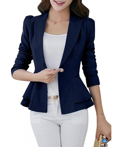 Womens Plus Size Button Down Blazer Solid Color Work Office Cardigan Long Sleeve Ruffle Jacket Navy Blue $15.75 Blazers