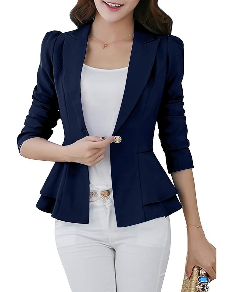 Womens Plus Size Button Down Blazer Solid Color Work Office Cardigan Long Sleeve Ruffle Jacket Navy Blue $15.75 Blazers