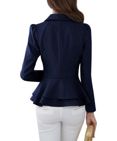 Womens Plus Size Button Down Blazer Solid Color Work Office Cardigan Long Sleeve Ruffle Jacket Navy Blue $15.75 Blazers