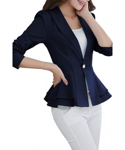 Womens Plus Size Button Down Blazer Solid Color Work Office Cardigan Long Sleeve Ruffle Jacket Navy Blue $15.75 Blazers