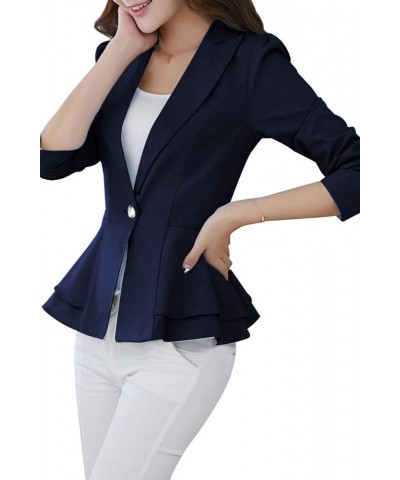 Womens Plus Size Button Down Blazer Solid Color Work Office Cardigan Long Sleeve Ruffle Jacket Navy Blue $15.75 Blazers