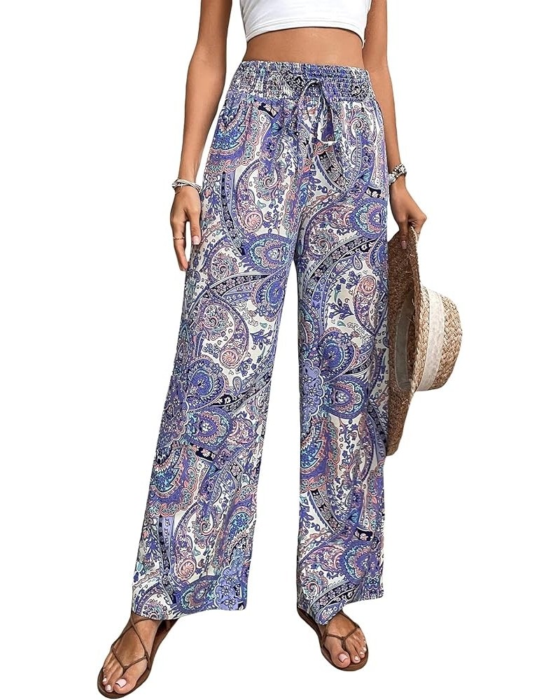 Women's Boho Paisley Print High Elastic Waist Loose Wide Leg Pants Palazzo Trousers Purple $13.53 Pants