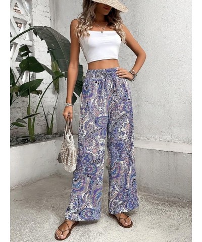 Women's Boho Paisley Print High Elastic Waist Loose Wide Leg Pants Palazzo Trousers Purple $13.53 Pants