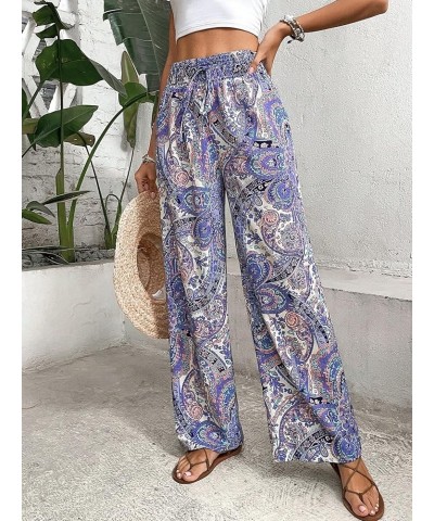 Women's Boho Paisley Print High Elastic Waist Loose Wide Leg Pants Palazzo Trousers Purple $13.53 Pants