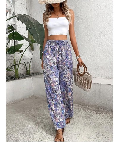 Women's Boho Paisley Print High Elastic Waist Loose Wide Leg Pants Palazzo Trousers Purple $13.53 Pants