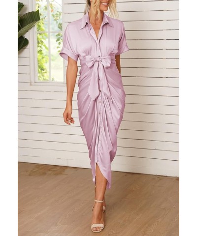 Women Elegant Satin Short Sleeve Ruched Maxi Button Down Shirt Dress with Belt Pink $25.92 Dresses