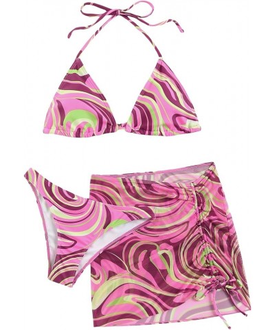 Women's 3packs Allover Print Bikini Set and Drawstring Side Cover Up Skirt C Pink $13.12 Swimsuits